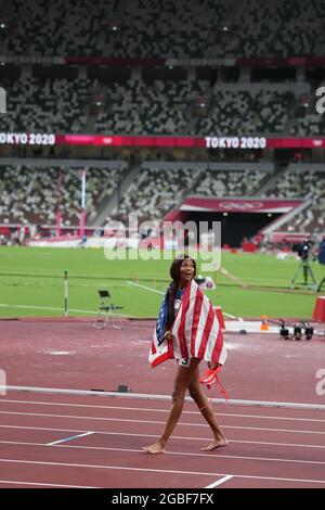 3. August 2021; Olympiastadion, Tokio, Japan: Tag der Olympischen Sommerspiele 11 in Tokio 2020; 200-m-Finale für Frauen; THOMAS Gabrielle aus den USA gewann die Bronzemedaille Stockfoto