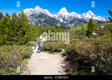 Grand Teton National Park, Jackson Hole, Wyoming, USA, Mai 31, 2021, Gruppe von Wanderern auf dem Weg vom Taggart Lake, horizontal Stockfoto