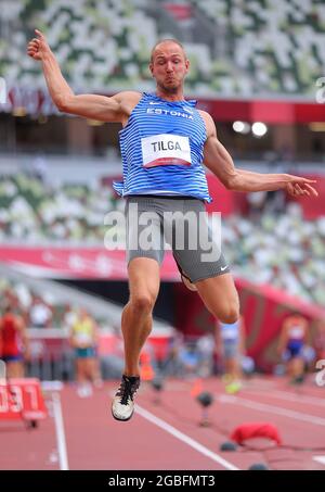 Tokio, Japan. August 2021. Karel Tilga aus Estland tritt bei den Olympischen Spielen 2020 in Tokio, Japan, am 4. August 2021 beim Männer-Zehnkampf-Weitsprung an. Quelle: Li Ming/Xinhua/Alamy Live News Stockfoto