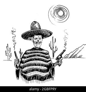 Menschliches Skelett in Sombrero mit rauchenden Gewehren. Tinte schwarz-weiß Zeichnung Stockfoto