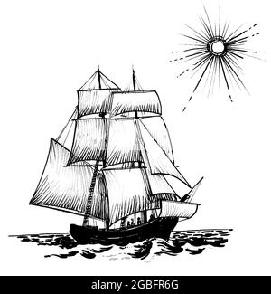 Segelschiff im Meer. Tinte schwarz-weiß Zeichnung Stockfoto