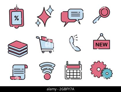 Online-Shopping-Symbol mag Rechner, Telefon, Korb, Notizen, Preisliste, die blau und rot Vektor-Illustration gefärbt Stock Vektor