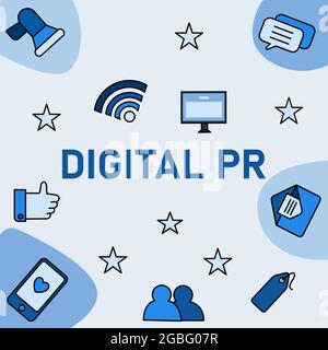 Digitale PR Public Relations mit Social Media als Kommunikationstools Telefon blaue Illustration Stock Vektor