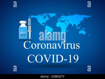 Spritzenimpfung covid-19 des Coronavirus mit World-Map-Hintergrund Vektor-Illustration Konzept medizinische Forschung und Entwicklung blauer Hintergrund Stock Vektor