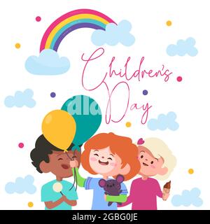 Feier des Kindertages mit buntem Regenbogen mit den blauen Wolken und drei Kindern mit grünem und gelbem Ballon Stock Vektor
