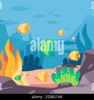 Hintergrund mit gelben und grünen Fischen harte Korallen-Seesterne in blauem Meer können als Poster für den Weltmeertag verwendet werden, um die Menschen zu sensibilisieren Stock Vektor