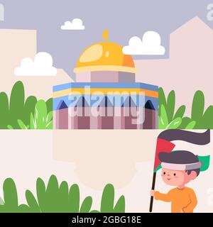 Ein patriotisches Kind mit freier palästina-Flagge, die grün rot schwarz und weiß gefärbt hat, aqsa Moschee mit Kuppel, vielen Bäumen und schönen weißen Wolken Stock Vektor