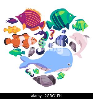 Jede verschiedene Fisch-Sammlung Set, die blau grün orange blau schwarz mit dem weißen Hintergrund Cartoon gefärbt Stock Vektor