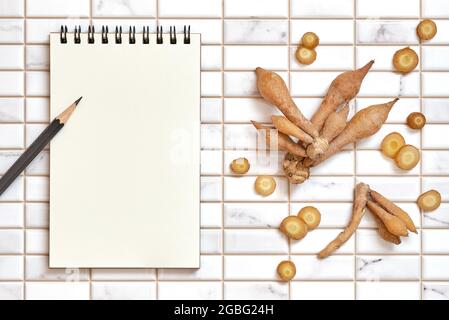 Fingerroot, Kaempfer mit offenem, leerem Spiralnotizbuch und Bleistift auf weißem Hintergrund, Flat Lay-Konzept, Copy Space for Text. Stockfoto