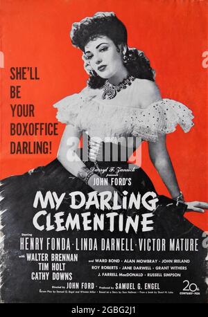 HENRY FONDA als Wyatt Earp VICTOR REIFEN als Doc Holliday und LINDA DARNELL als Chihuahua in MEINER DARLING CLEMENTINE 1946 Regie JOHN FORD Geschichte Sam Hellman Drehbuch Samuel G. Engel und Winston Miller Kostümdesign Rene Hubert Twentieth Century Fox Stockfoto