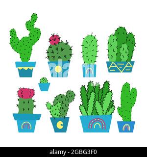 Set von handgezeichneten grünen verschiedenen Kakteen mit Dornen in Töpfen. Home Blumen für die Zimmereinrichtung. Vektor Cartoon Topfpflanzen. Natürliche Objekte für Aufkleber Stock Vektor