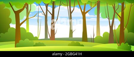 Waldlandschaft. Dichte, wilde Bäume mit hohen, verzweigten Stämmen. Sommerliche grüne Landschaft. Flaches Design. Cartoon-Stil. Vektor Stock Vektor