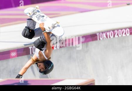 Tokio Tokio, 04.08.2021, Japan, Olympische Spiele BROWN Sky (GBR) Women's Park Final Ariake Park Skateboarding Skateboard Olympische Spiele, 2020 2021 Foto: Moritz Müller nur für redaktionelle Verwendung Copyright (nur für journalistische Zwecke) by : Moritz Müller, Wilhelm-Raabe-Str.18, 40470 Düsseldorf. Tel 0211-13954918. MB.: 0176-81034275; Honorar zzgl. 7 % UmSt. + Belegexemplar; Commerzbank, Konto: 3813045, BLZ: 30040000; IBAN: DE49 3004 0000 0381 3045 00; Finanzamt Düsseldorf-Nord, Steuernummer: 105/5193/1677 Stockfoto