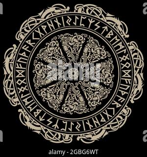 Alte skandinavische Ornament, Schild Wikinger und skandinavische Runen Stock Vektor