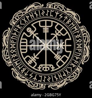 Wikingerdesign. Magischer Runenkompass Vegvisir, im Kreis der nordischen Runen und Drachen Stock Vektor