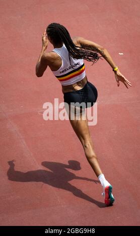 Die belgische Sportlerin Nafissatou Nafi Thiam wurde während des Hochsprungwettbewerbs in Aktion gezeigt, das zweite Rennen am ersten Tag des Heptahlons der Frauen am 1. Tag Stockfoto