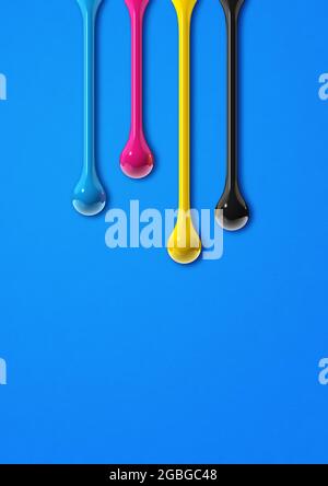 3D-cmcmcmy-Tintentropfen isoliert auf blauem Papierhintergrund. Abbildung Stockfoto