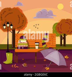 Vektordarstellung eines Herbstparks. Eine Bank mit Büchern, einem Schal und gelben Blättern. Flaches Design. Straßenlandschaft Stock Vektor