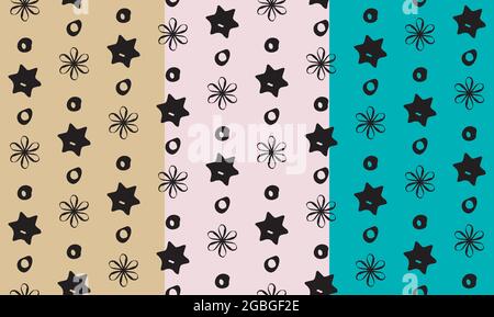 Nahtloses Vektormuster. Tintenpinsel handgezeichnete grafische Elemente, Kreis, Stern, Gänseblümchen Blume. Grunge-schwarzes Linienmuster. Beige, weißer Hintergrund Stock Vektor