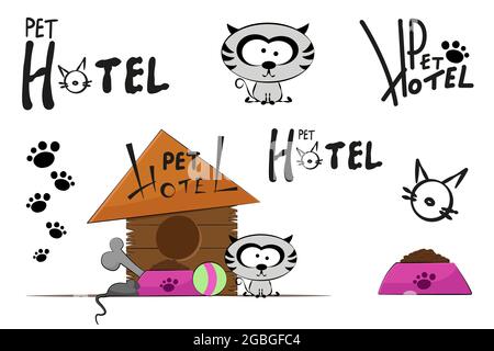 Haustier Hotel Illustration Set mit Katze, Futter und Ball. Isoliert auf weißem Hintergrund. Stock Vektor