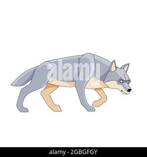 Wolf auf der Jagd. Canis lupus. Cartoon-Charakter eines gefährlichen Säugetier Tier. Ein wildes Waldgeschöpf mit grauem Fell. Seitenansicht. Vektor flach Stock Vektor