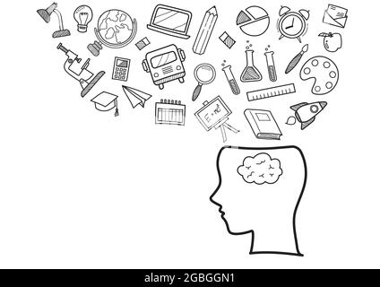 Menschlicher Kopf mit Bildung kritzelt Ikonen. Handgezeichnete Elemente im Designstil Stock Vektor