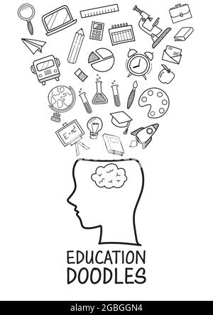 Menschlicher Kopf mit Bildung doodles Ikonen Sammlung. Handgezeichnete Elemente im Designstil Stock Vektor