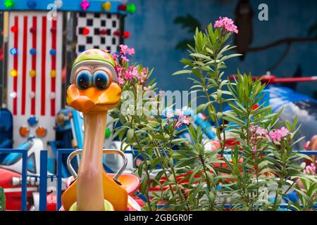 Bunte Ente und Pflanzen in einem Vergnügungspark im Sommer im Urlaub Stockfoto