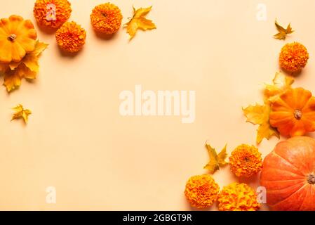 Herbstkomposition mit Kürbissen, Blume und gelben Ahornblättern auf gelb, Draufsicht, Kopierraum. Saisonaler Herbst, Thanksgiving, Herbstfest Mitte Stockfoto