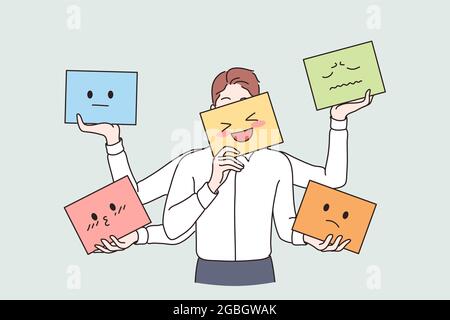 Verschiedene Emotionen und Emoji-Konzept. Männliche Person Cartoon-Figur stehen verschiedene Emotionen mit bunten Emoji Vektor Illustration ändern Stock Vektor