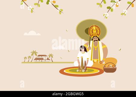 Ein kleines Mädchen zusammen mit König „Mahabali“, der Blumenmuster auf dem Boden macht. Konzept des Onam-Festivals in Kerala Stock Vektor