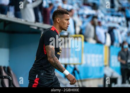 Malmö, Schweden. August 2021. James Tavernier (2) vom Rangers FC geht in das Qualifikationsspiel der Champions League zwischen Malmö FF und dem Rangers FC im Eleda Stadion in Malmö. (Foto: Gonzales Photo/Alamy Live News Stockfoto