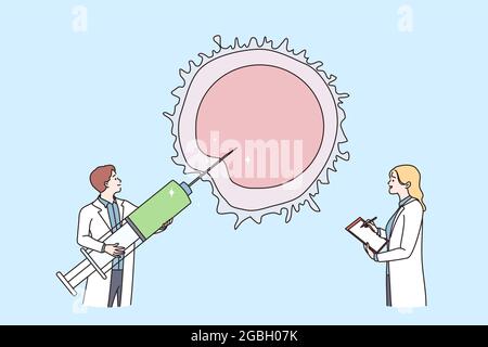 Konzept der Reproduktologie und der Gesundheit des Fortpflanzungssystems. Zwei Ärzte Mann und Frau halten Spritze und versuchen zu erreichen, machen künstliche Insemination Vektor Illustration Stock Vektor