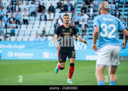 Malmö, Schweden. August 2021. Borna Barisic (31) vom Rangers FC beim Champions-League-Qualifikationsspiel zwischen Malmö FF und dem Rangers FC im Eleda Stadion in Malmö. (Foto: Gonzales Photo/Alamy Live News Stockfoto