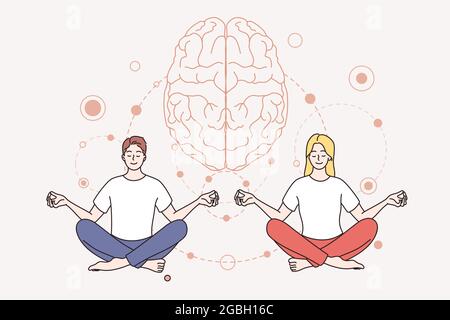 Konzept der Meditation und psychischen Gesundheit. Junge lächelnde Paar Mann und Frau Comic-Figuren sitzen Meditation halten Geist in Frieden Vektor-Illustration Stock Vektor