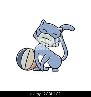 Niedliche Katze Kätzchen Gesichtsmaske Spielen Ball Flach Cartoon Illustration Stock Vektor