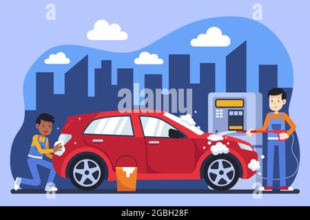 Flat Car Wash Service Konzept Illustration Vektor-Illustration. Stock Vektor