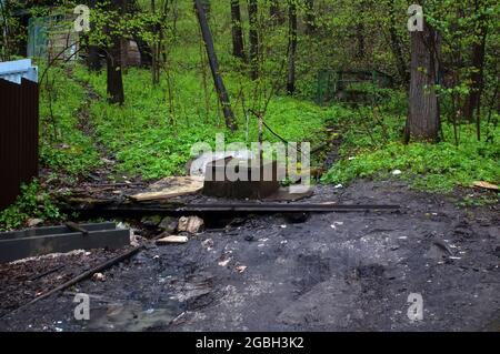 Wasserquelle im Wald an einem bewölkten Tag, im Frühling Stockfoto