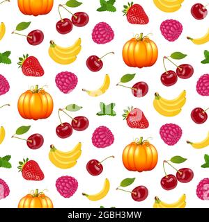 Niedliches buntes Nahtloses Muster mit Obst und Gemüse auf weißem Hintergrund. Kürbis, Banane, Erdbeere, Himbeere, Kirsche nahtloses Muster Stock Vektor