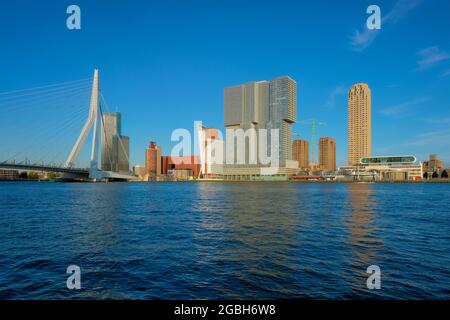 Die Skyline von Rotterdam Wolkenkratzern und die Erasmusbrug-Brücke über den Fluss Nieuwe Maas. Rotterdam Stockfoto