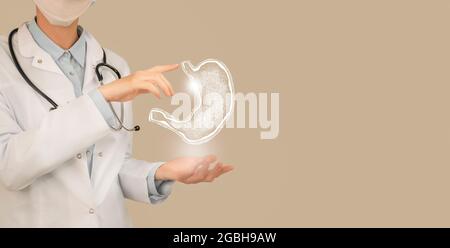 Ärztin hält virtuellen Magen in der Hand. Handgezeichnetes menschliches Organ, Kopierraum auf der rechten Seite, beige Farbe. Bestand des Servicekonzepts des Gesundheitskrankenhauses Stockfoto