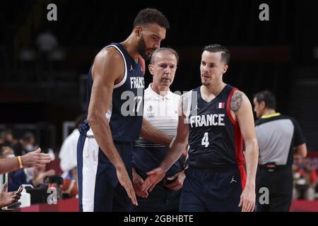 Tokio, Japan. August 2021. Rudy GOBERT (27) aus Frankreich, Vincent COLLET (C) aus Frankreich und Thomas HEURTEL (4) aus Frankreich während der Olympischen Spiele Tokio 2020, Nom de l'epreuve am 3. August 2021 im Aomi Urban Sports Park in Tokio, Japan - Foto Ann-Dee Lamour/CDP MEDIA/DPPI Kredit: Unabhängige Fotoagentur/Alamy Live News Stockfoto