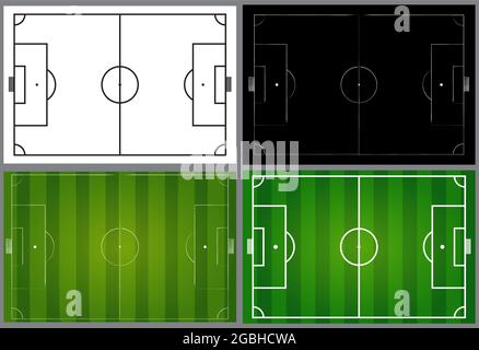 Fußballfeld-Illustrationsset. Enthält einen schwarz-weißen Fußballplatz und ein Design mit grünem Gras und weißen Linien. Vorlage des horizontalen Vektors Stock Vektor