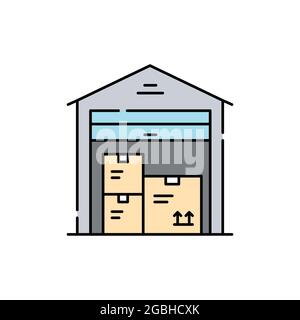 Lagerhaus mit farbigen Linien-Symbol. Piktogramm für Webseite, mobile App, Promo. UI UX GUI Design-Element. Bearbeitbare Kontur. Stock Vektor