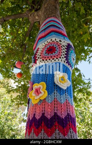 Farbenfrohe gestrickte und gehäkelte Garne umhüllen einen Stamm eines „Yarn Bombed“-Baumes, einer Art Street-Art-Installation namens Yarn Bombing oder yarnbombing in Jerusalem Israel Stockfoto