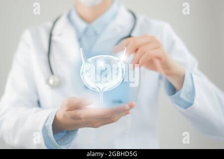 Ärztin hält virtuelle Blase in der Hand. Handgezeichnetes menschliches Organ, verschwommenes Foto, rohe Farben. Healthcare Krankenhaus Service Konzept Stock Foto Stockfoto