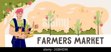 Farmers Market Banner oder Flyer-Design mit lächelnden Landwirt präsentiert seine Ernte, Cartoon-Vektor-Illustration. Banner- oder Poster-Vorlage für Agricultu Stock Vektor