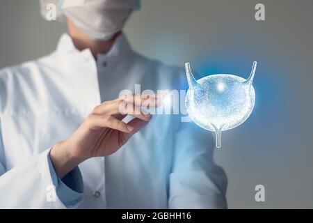 Ärztin berührt virtuelle Blase in der Hand. Verschwommenes Foto, handgezeichnetes menschliches Organ, blau markiert als Symbol der Genesung. Gesundheitswesen Krankenhaus Service Stockfoto