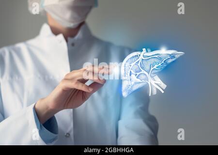 Ärztin berührt virtuelle Leber in der Hand. Verschwommenes Foto, handgezeichnetes menschliches Organ, blau markiert als Symbol der Genesung. Krankenhausdienst im Gesundheitswesen Stockfoto