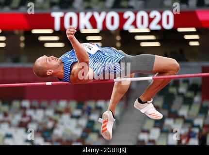 Tokio, Japan. August 2021. Karel Tilga aus Estland tritt bei den Olympischen Spielen 2020 in Tokio, Japan, am 4. August 2021 beim Herrenhochsprung im Zehnkampf an. Quelle: Wang Lili/Xinhua/Alamy Live News Stockfoto